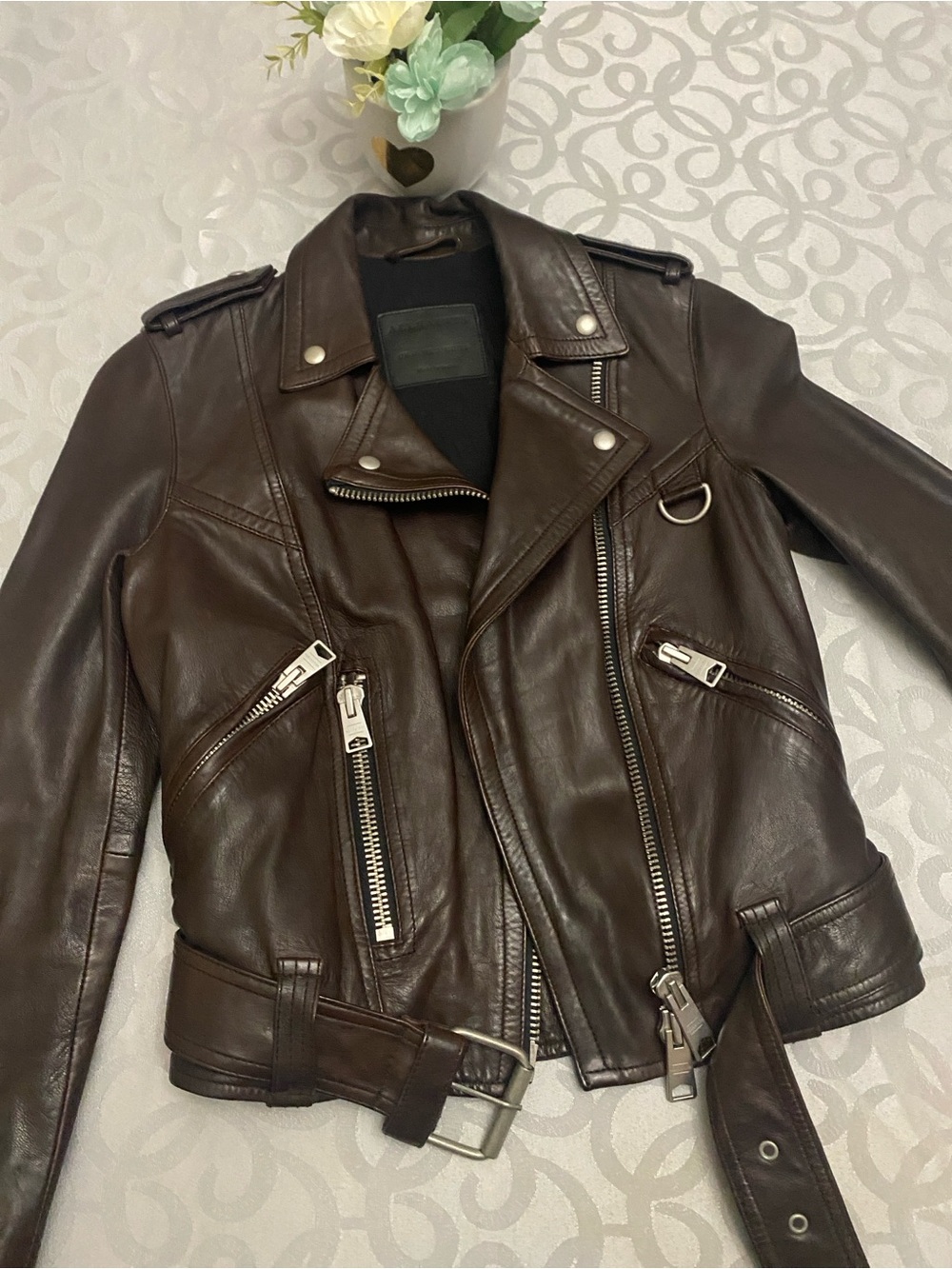 Pre❤️AllSaints Dark Brown Leather Moto Jacket with Belt & Zip Details